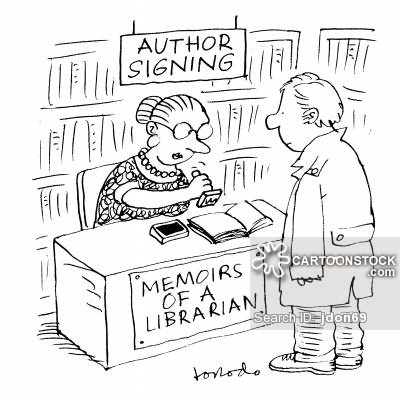 Librarian signing her memoirs with stamp.